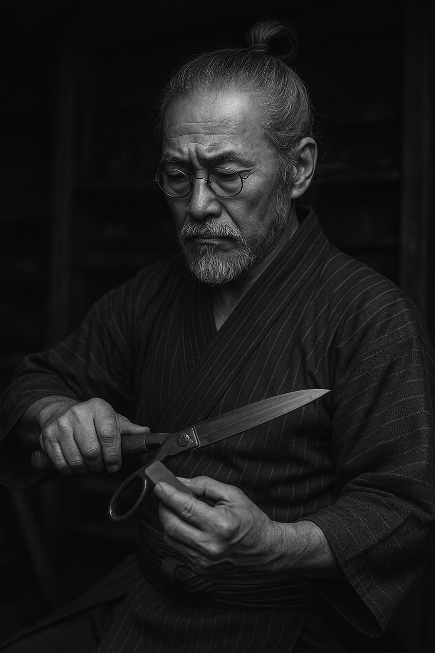 Black and white portrait of Mr.Ontaki holding a blade against a dark background