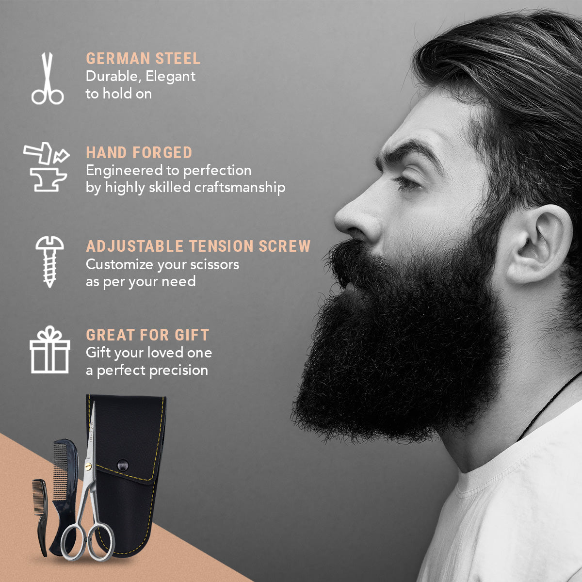 Professional beard and mustache scissors with comb and leather case, featuring German steel and adjustable tension screw.