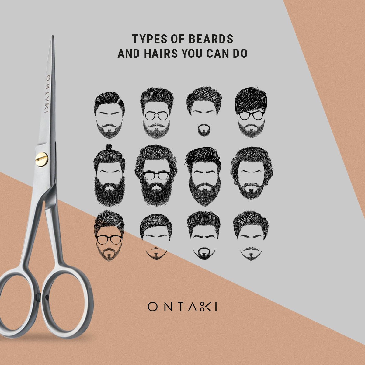 ONTAKI Professional German Steel Beard & Mustache Scissors with illustrations of various beard and hairstyle options.