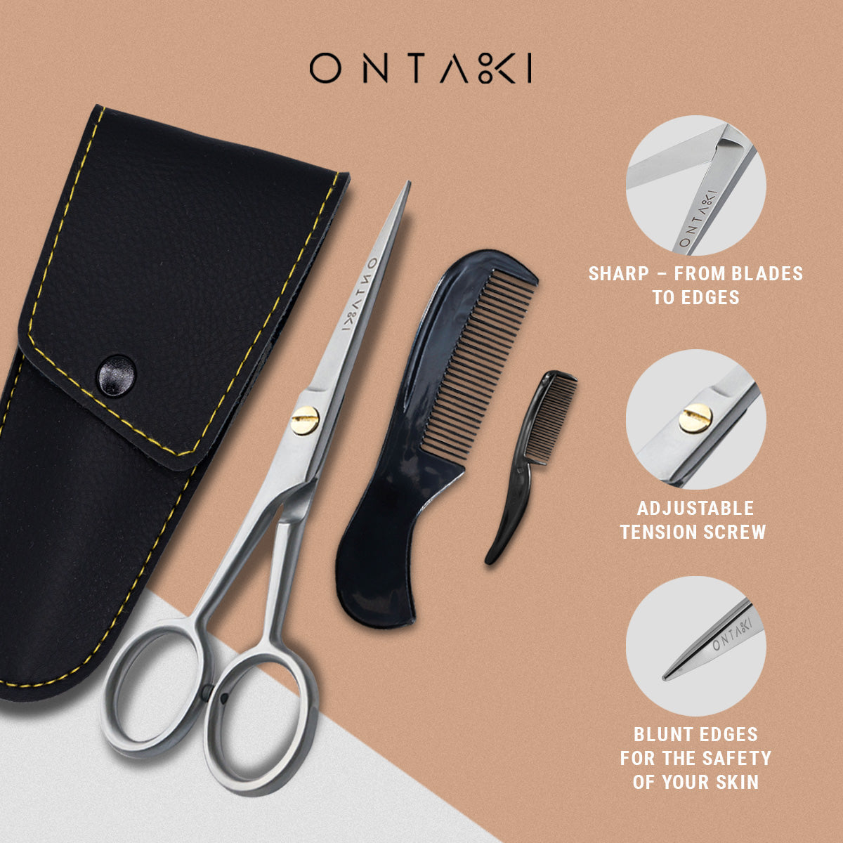 ONTAKI Professional German Steel Beard & Mustache Scissors set with comb and leather case.