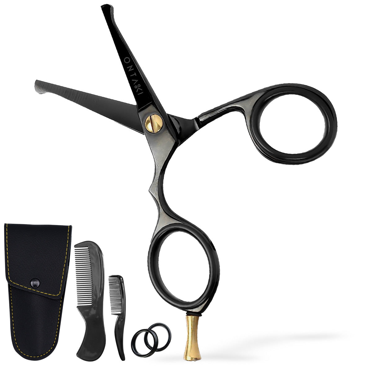 ONTAKI 4.2" Japanese Steel Mustache Scissors with comb, pouch, and inserts.