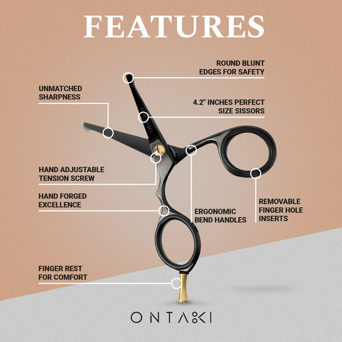 ONTAKI Japanese Steel mustache scissors with rounded tips, ergonomic design, and safety features.
