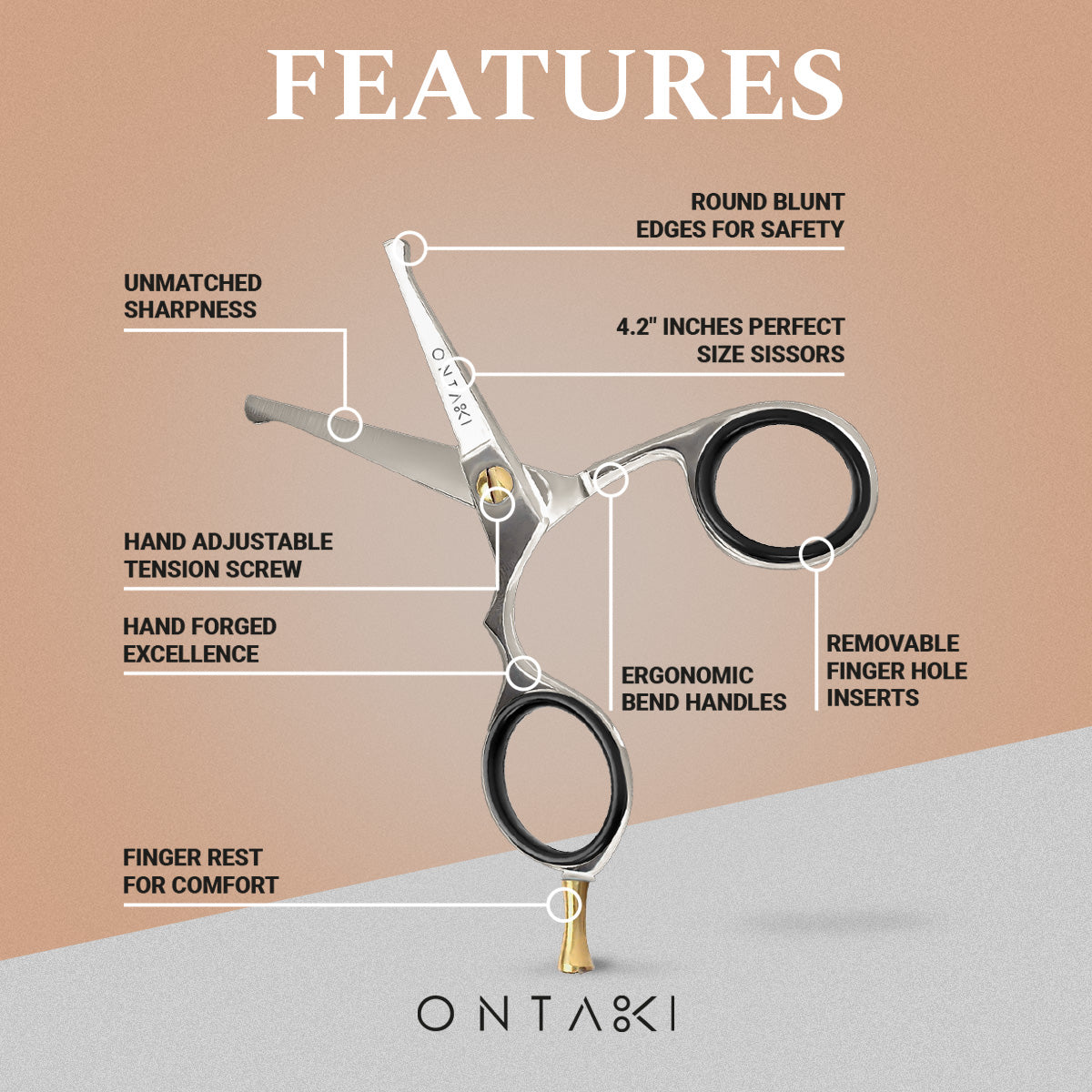 ONTAKI Japanese steel mustache scissors with rounded tips and ergonomic design.