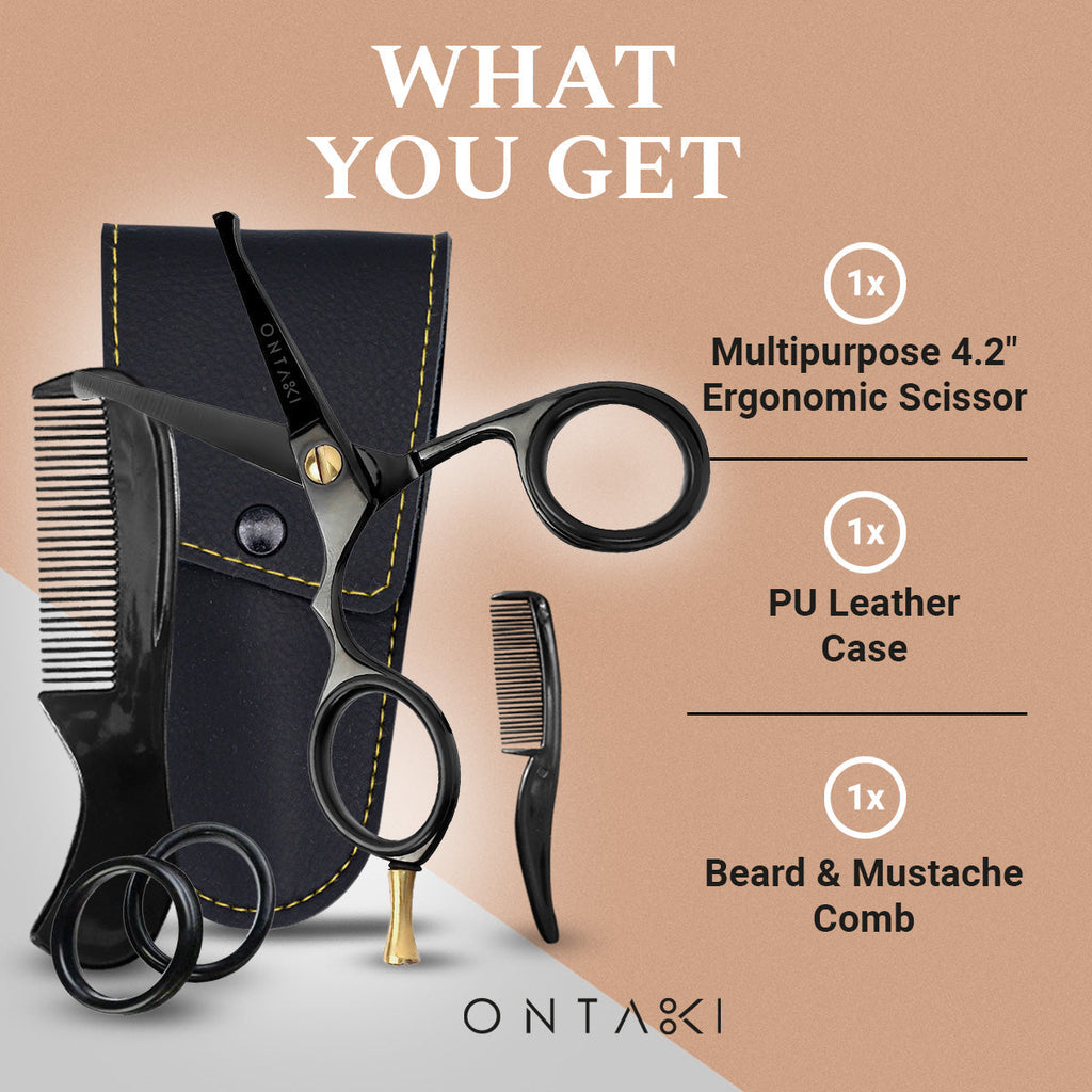 ONTAKI Japanese Steel Beard & Mustache Scissors with comb and PU leather pouch.