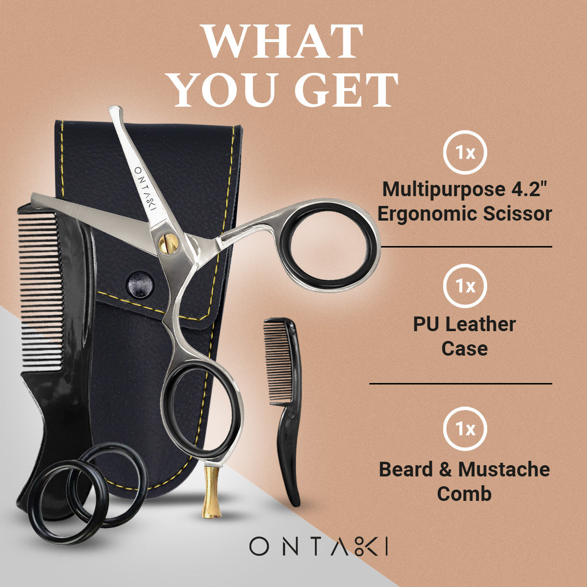 ONTAKI Japanese Steel Rounded-Tip Mustache Scissors with Grooming Kit, Comb, and PU Leather Pouch