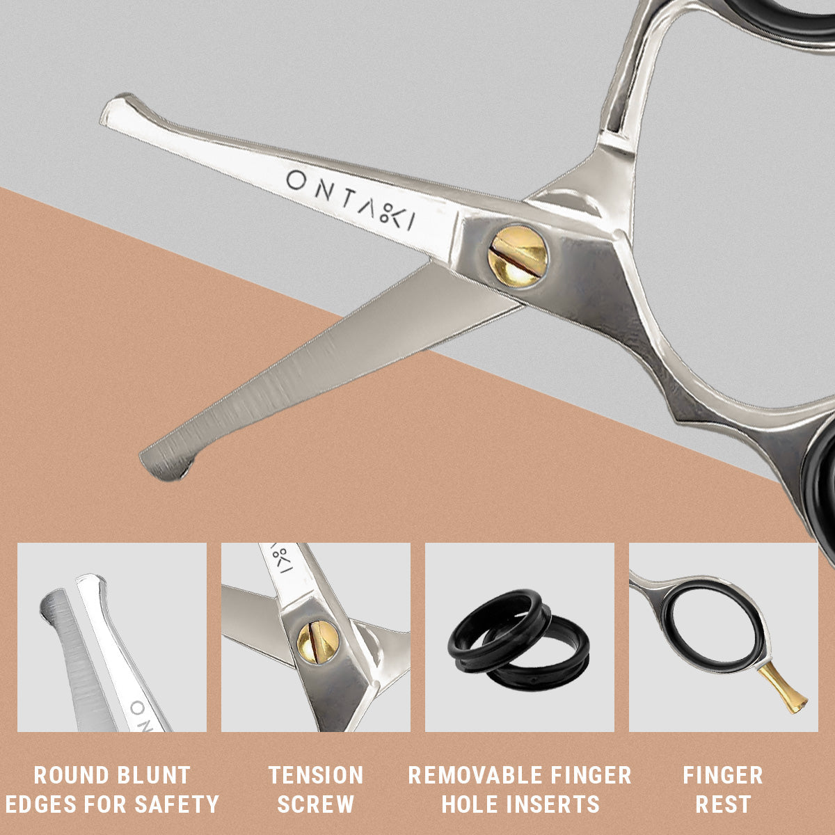 ONTAKI 4.2" Japanese Steel Rounded-Tip Mustache Scissors for Precision Trimming and Safety.