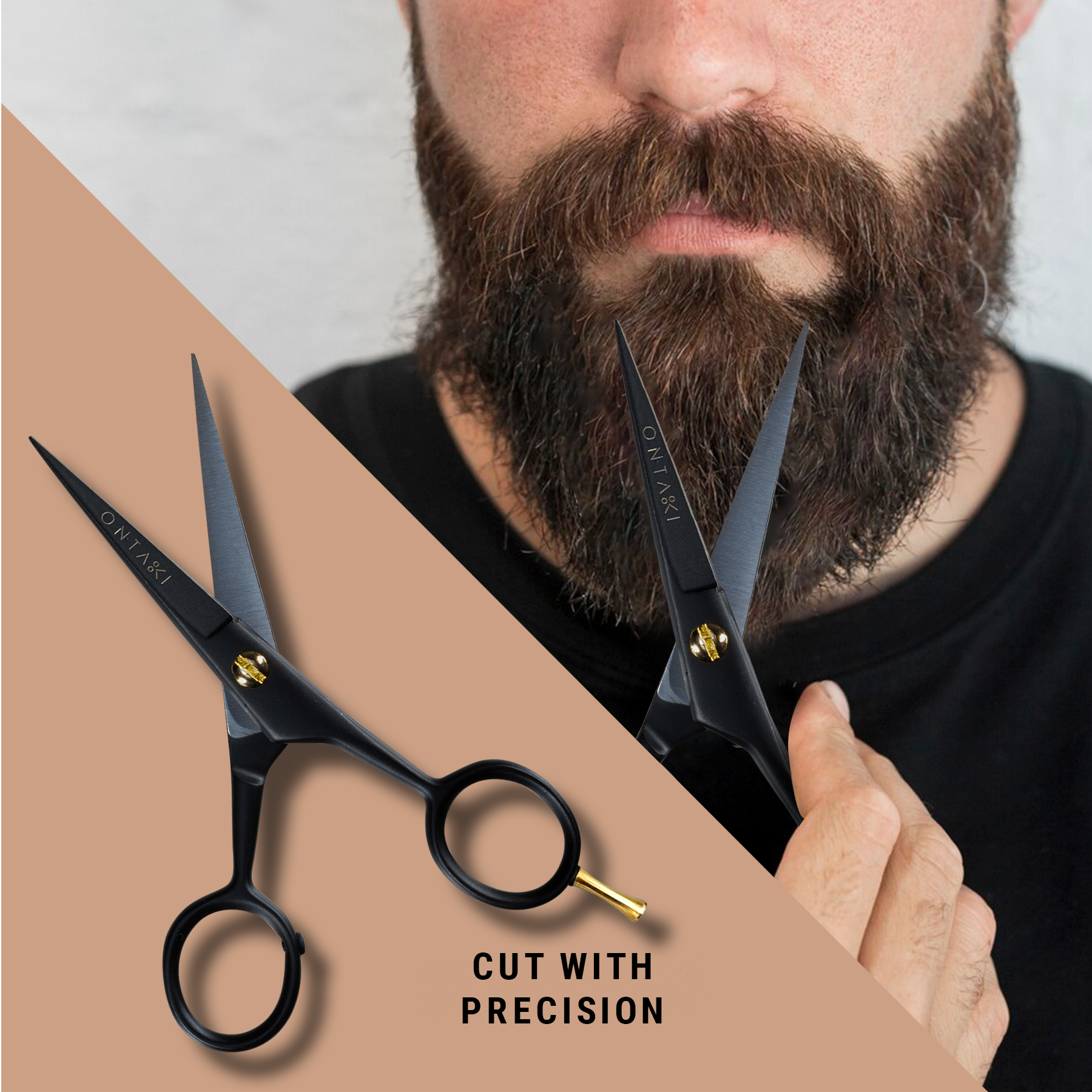 Beard scissors for precise grooming with finger rest feature.