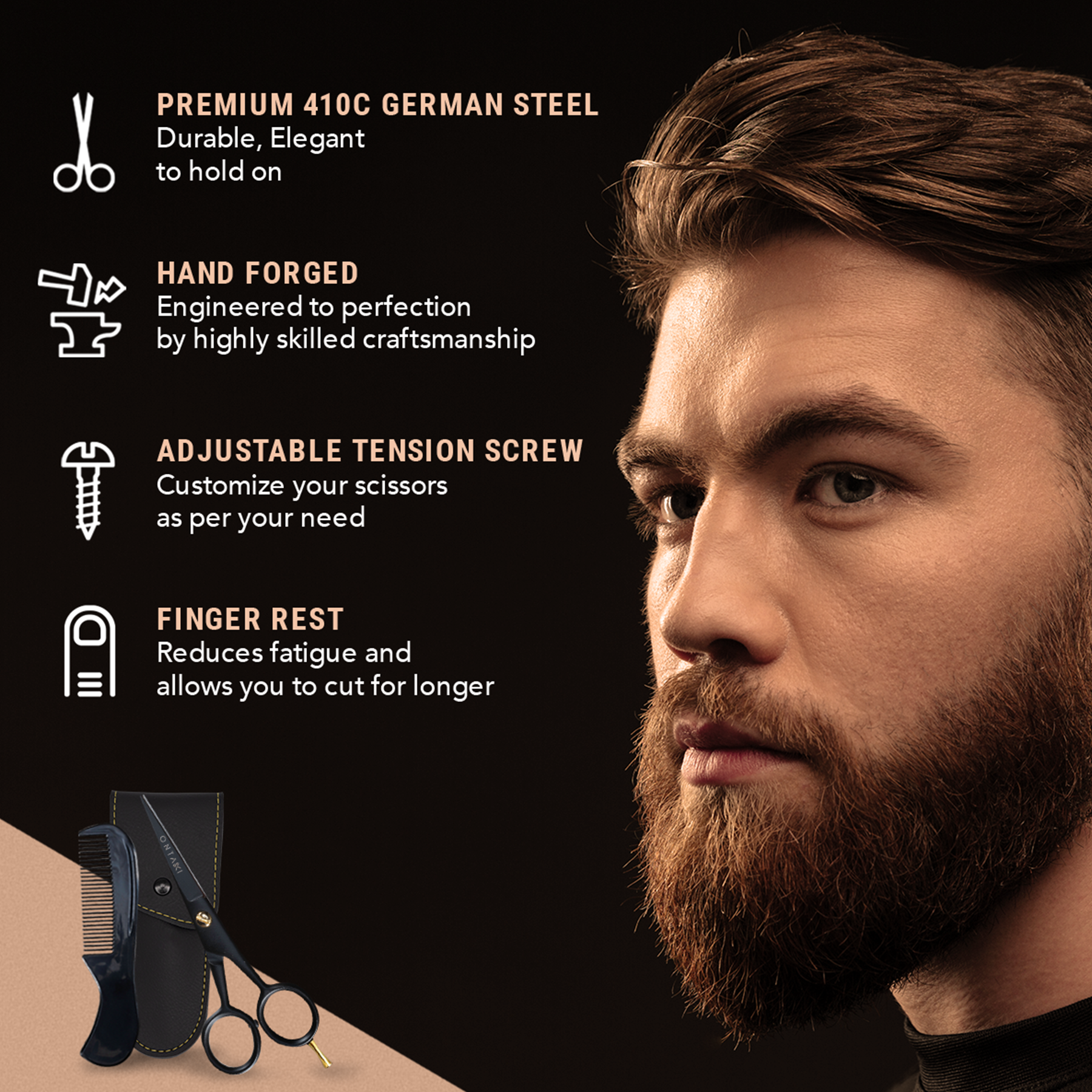 German steel beard scissors with finger rest, combs, and leather pouch.