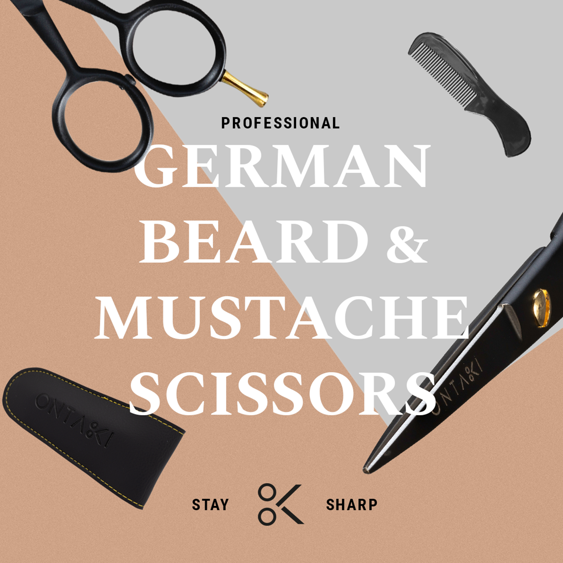 German steel beard scissors with comb, leather pouch, and finger rest.