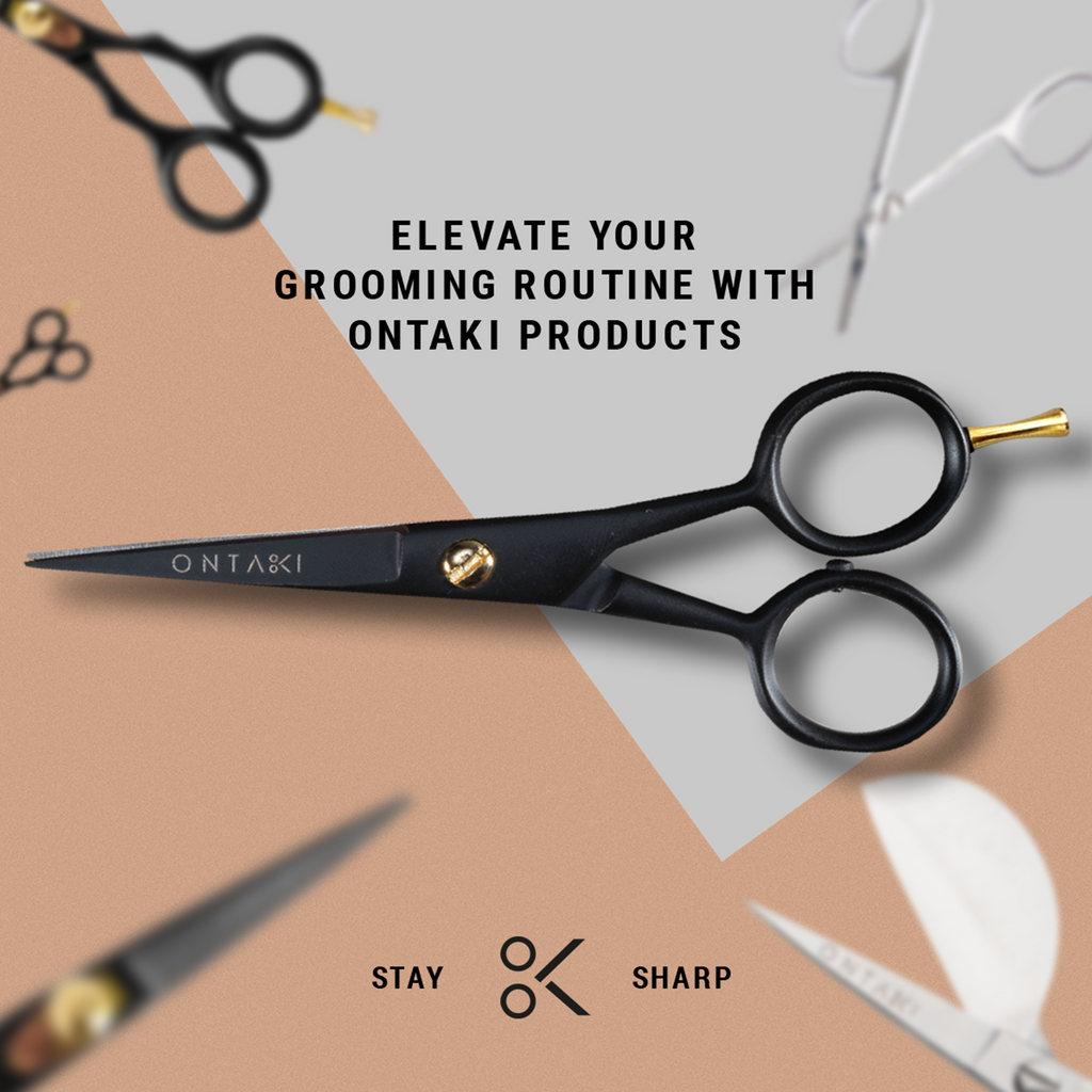German steel beard scissors with finger rest, 5-inch, ergonomic design, premium grooming tool.