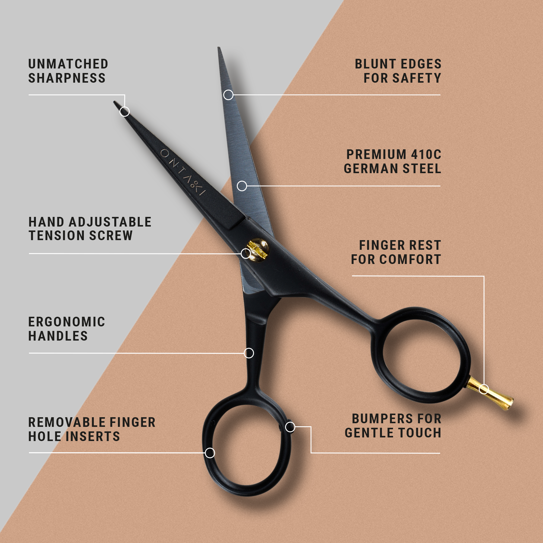 German steel beard scissors with ergonomic handles and finger rest for precise grooming.
