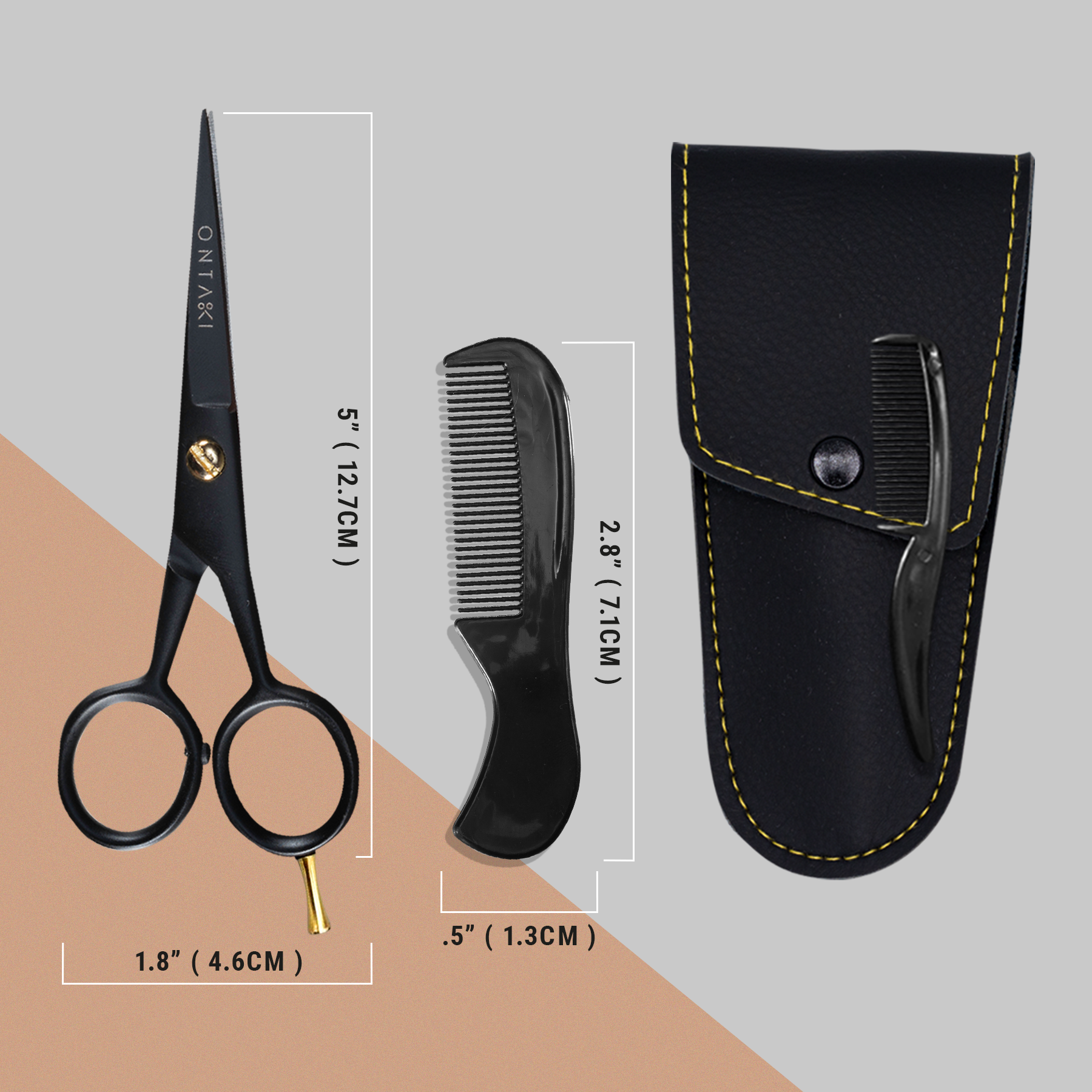 German steel beard scissors with combs and leather pouch for precise grooming.