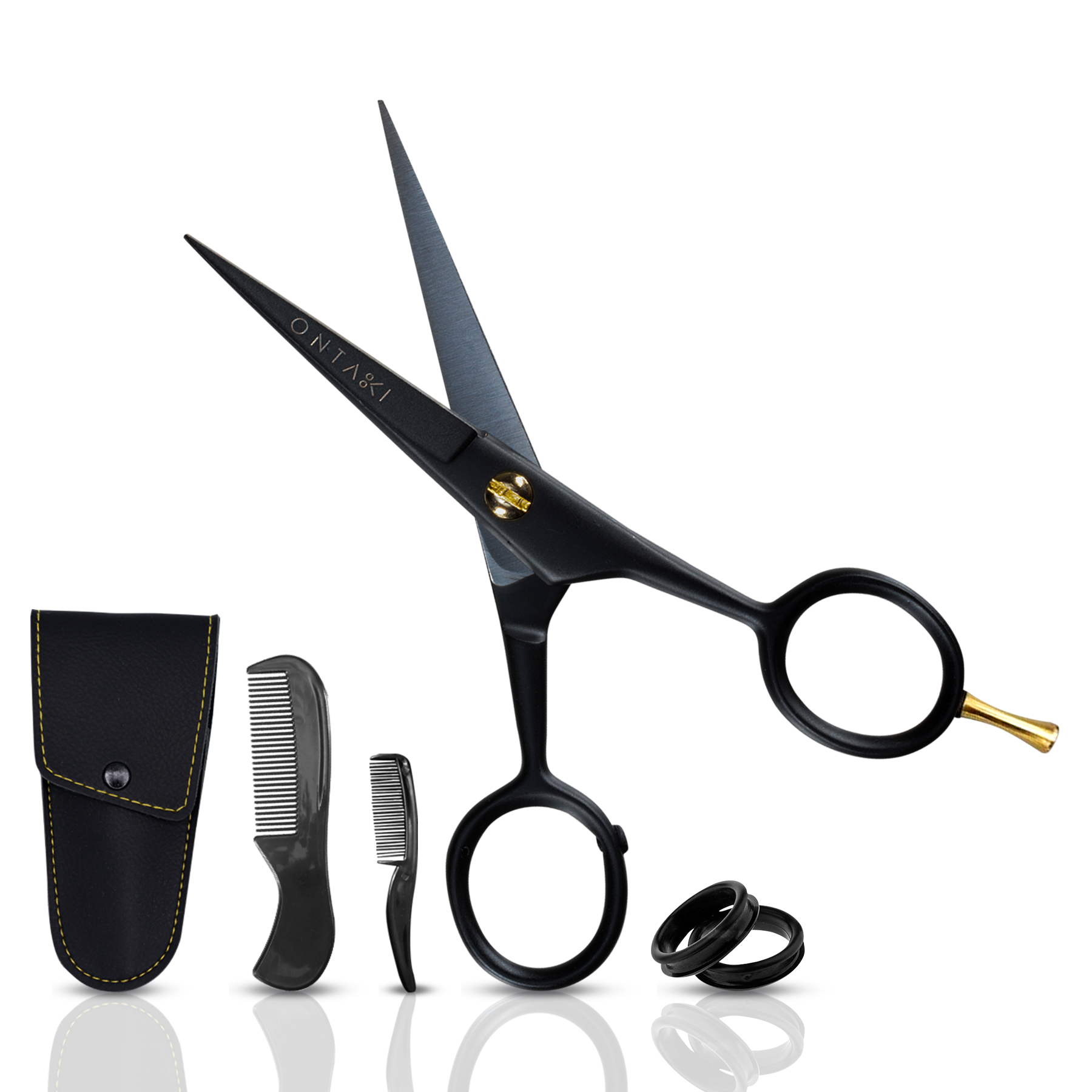 Premium German steel beard scissors with finger rest, tension screw, and combs in PU leather pouch for precise grooming.