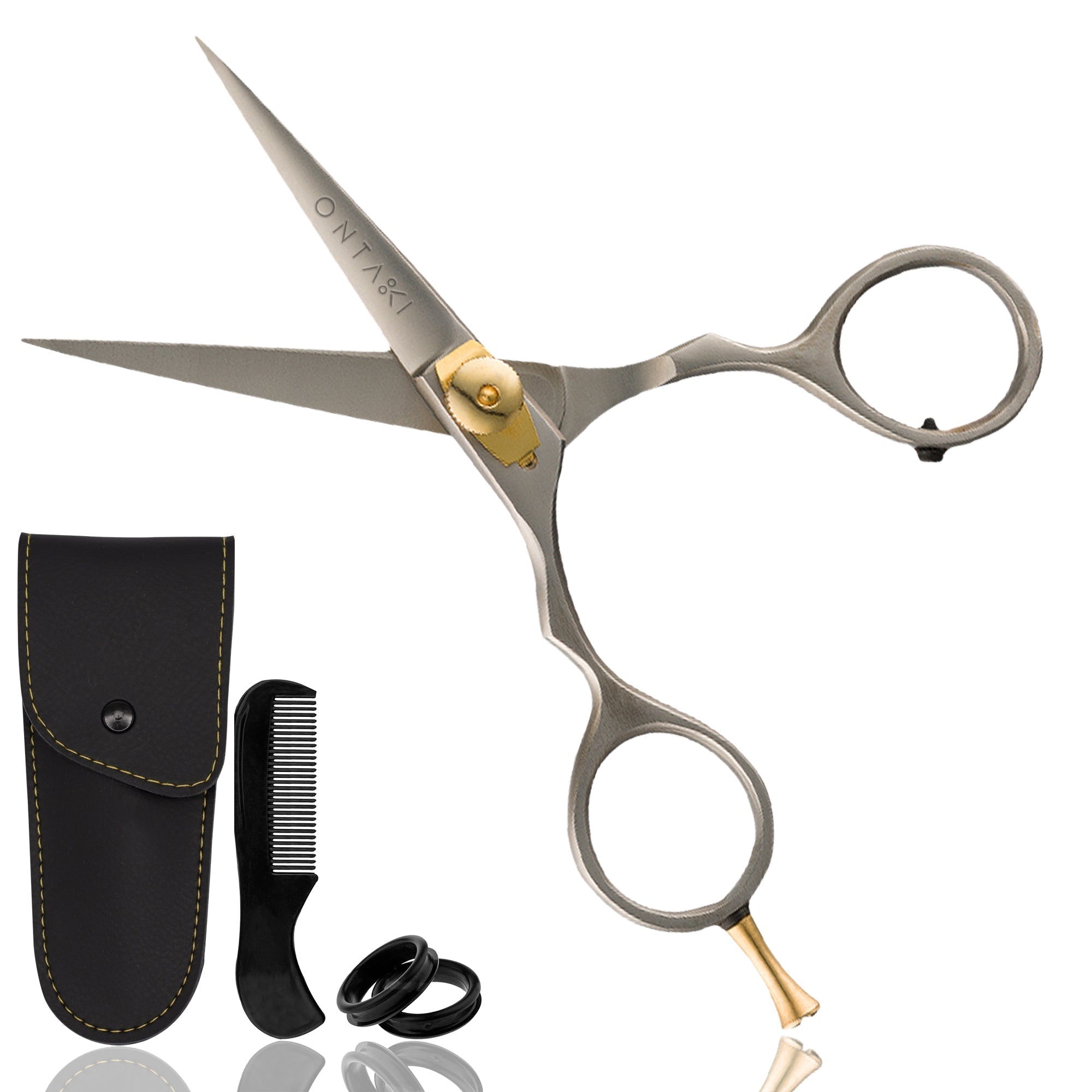 Premium Japanese Steel beard scissors with gold and black design, removable finger rest, tension knob, and comfort rings, accompanied by a protective case and comb.