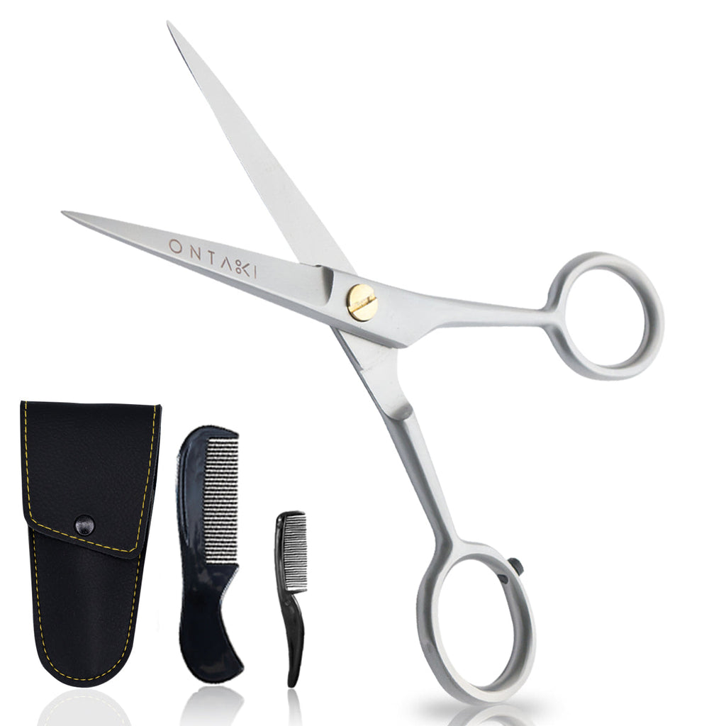 Professional German Steel Beard & Mustache Scissors with comb and leather case, 5-inch, hand-forged for precision trimming.