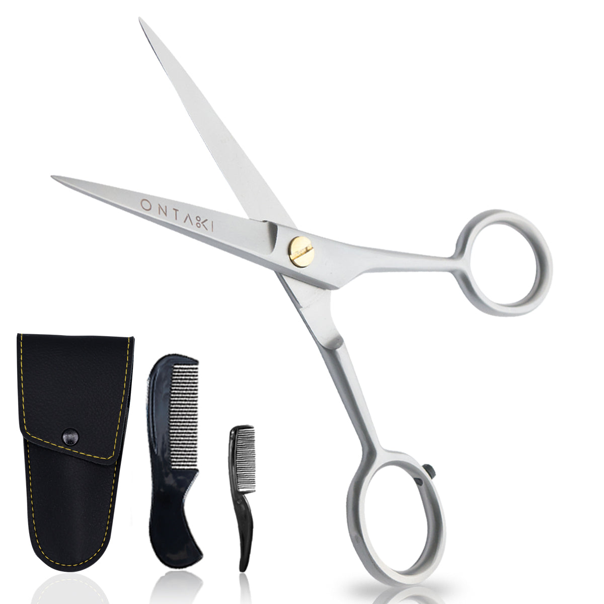 Professional German Steel Beard & Mustache Scissors with comb and leather case, 5-inch, hand-forged for precision trimming.