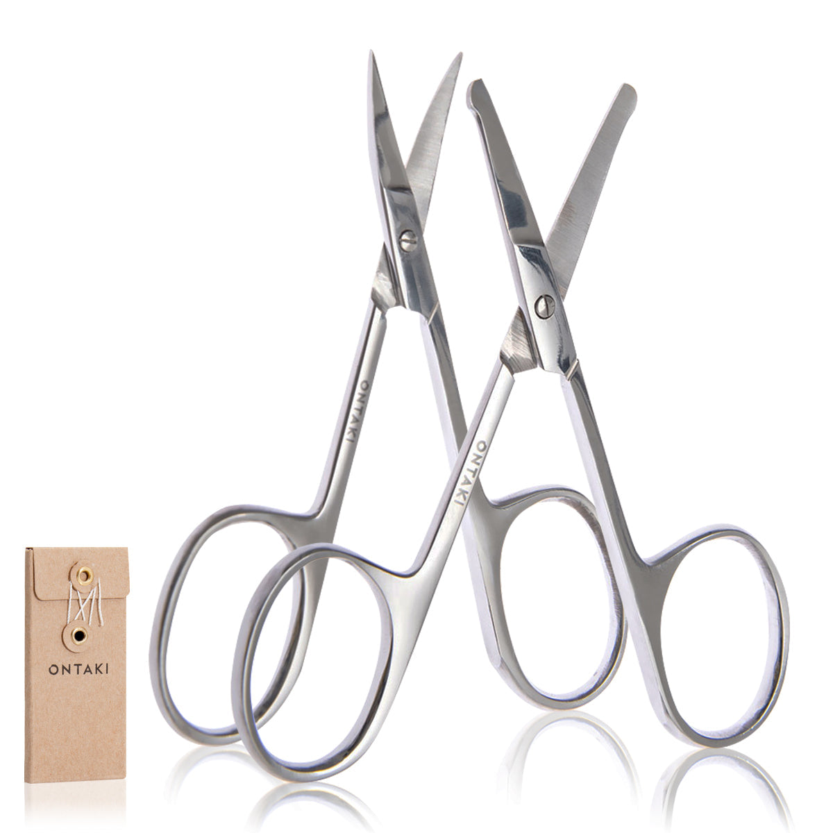 ONTAKI facial hair grooming scissors set with curved and rounded safety tip designs for precision trimming.