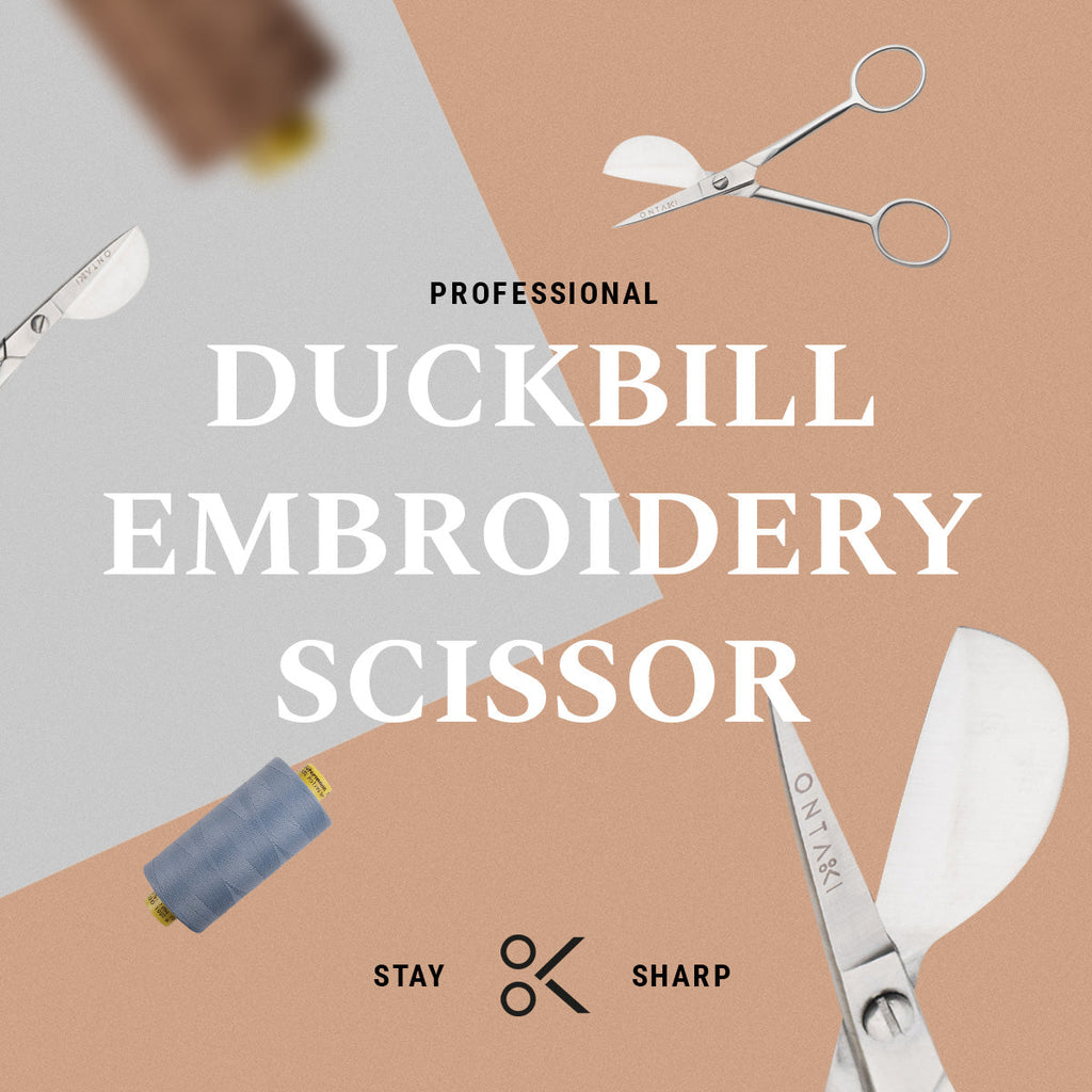 Duckbill embroidery scissors with large blade and carbon steel construction, ideal for knitting and needlework.