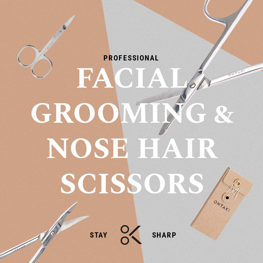 ONTAKI facial hair grooming scissors set on a stylish background with text highlighting their use for professional grooming and nose hair trimming.