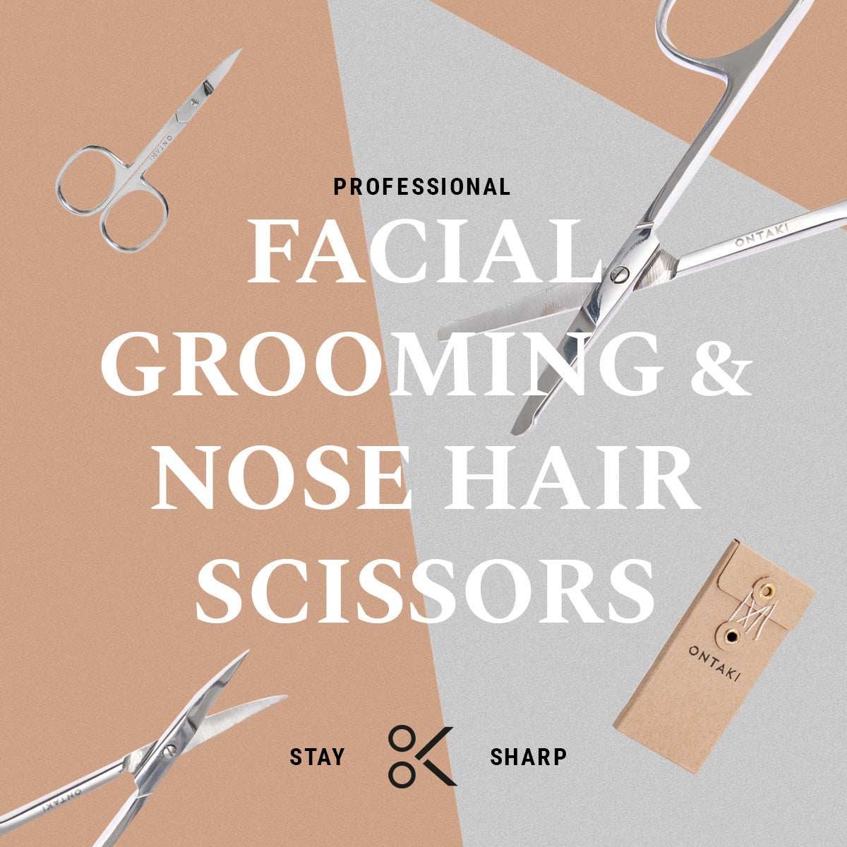 ONTAKI facial hair grooming scissors set on a stylish background with text highlighting their use for professional grooming and nose hair trimming.
