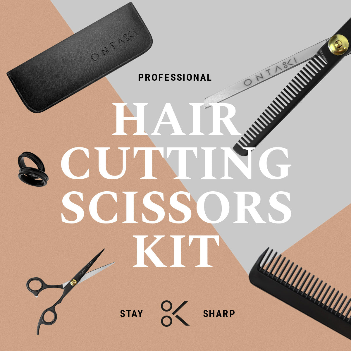 ONTAKI Hair Thinning Shears Kit with thinning scissors, regular scissors, texturizing shears, razor comb, and comb for styling.