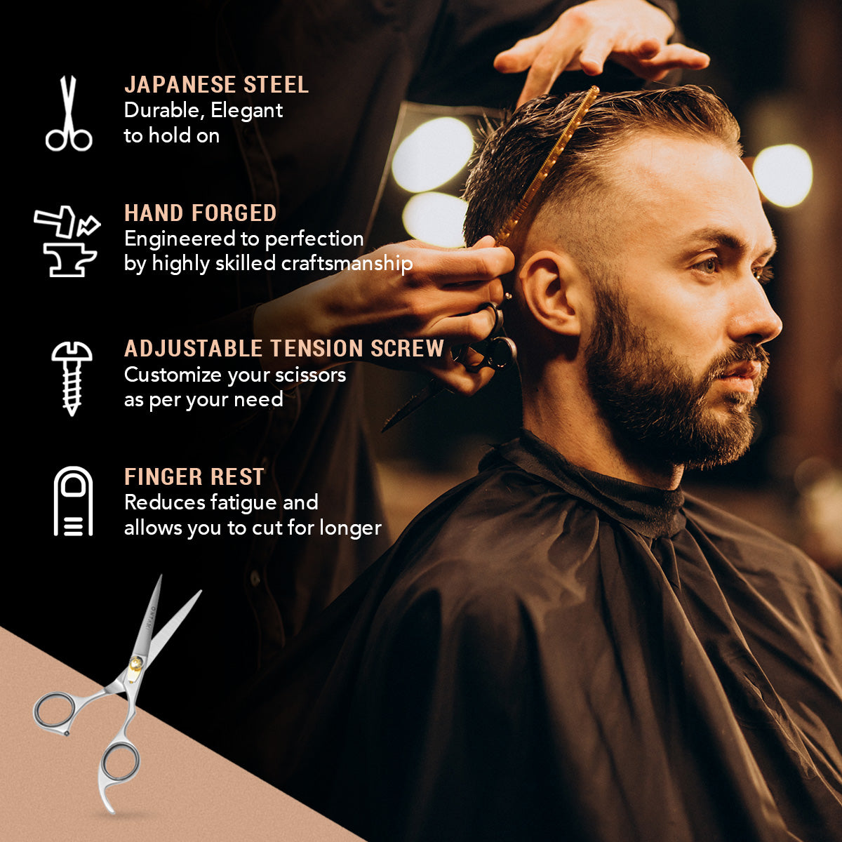 Premium Japanese steel hair cutting scissors in use, featuring hand-forged craftsmanship with ergonomic design for precision and comfort.