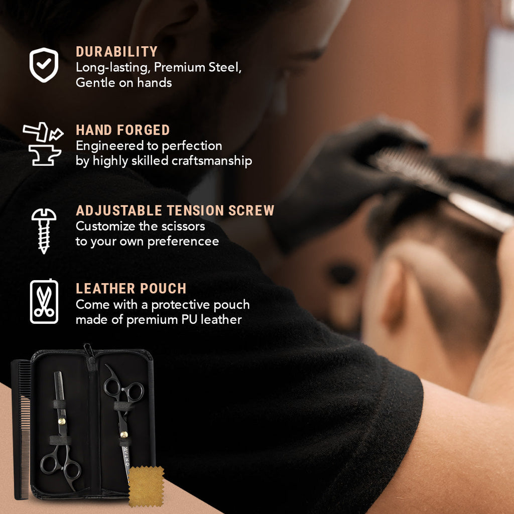 Hair thinning shears kit with scissors, razor comb, and leather pouch; ideal for adding texture and removing bulk.
