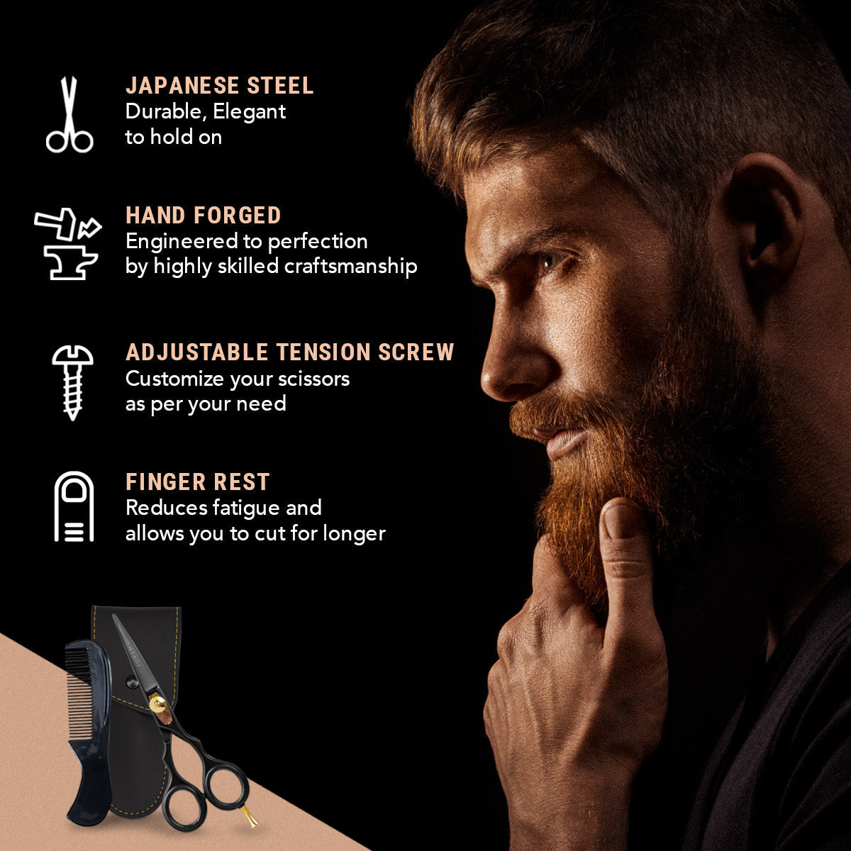 Premium Japanese steel beard scissors with adjustable tension screw, finger rest, and hand-forged precision blades.