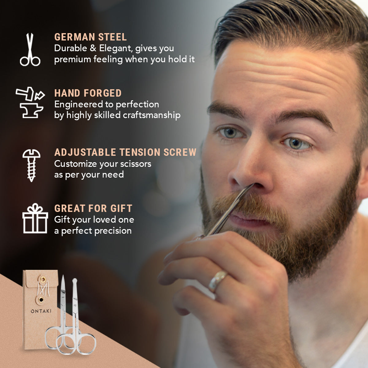 ONTAKI facial hair grooming scissors in use, featuring durable German steel and hand-forged design for precise trimming.