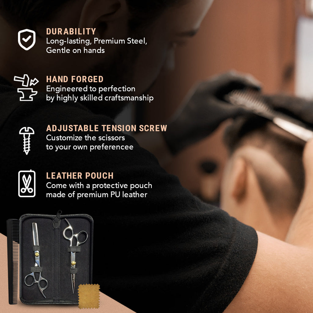 ONTAKI Hair Thinning Shears Kit with durable, hand-forged steel; includes thinning scissors, razor comb, and leather pouch.