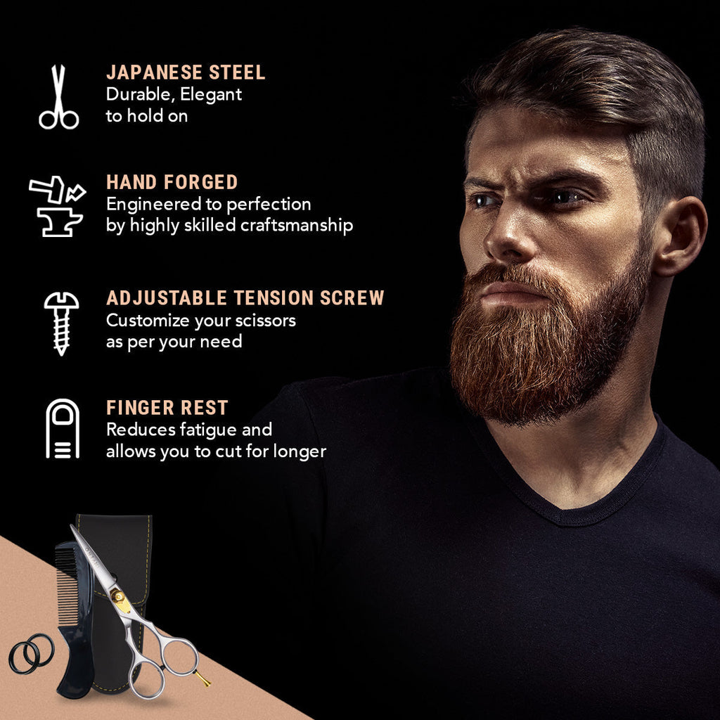 Premium Japanese steel beard scissors with adjustable tension screw, finger rest, and ergonomic design for precise grooming.