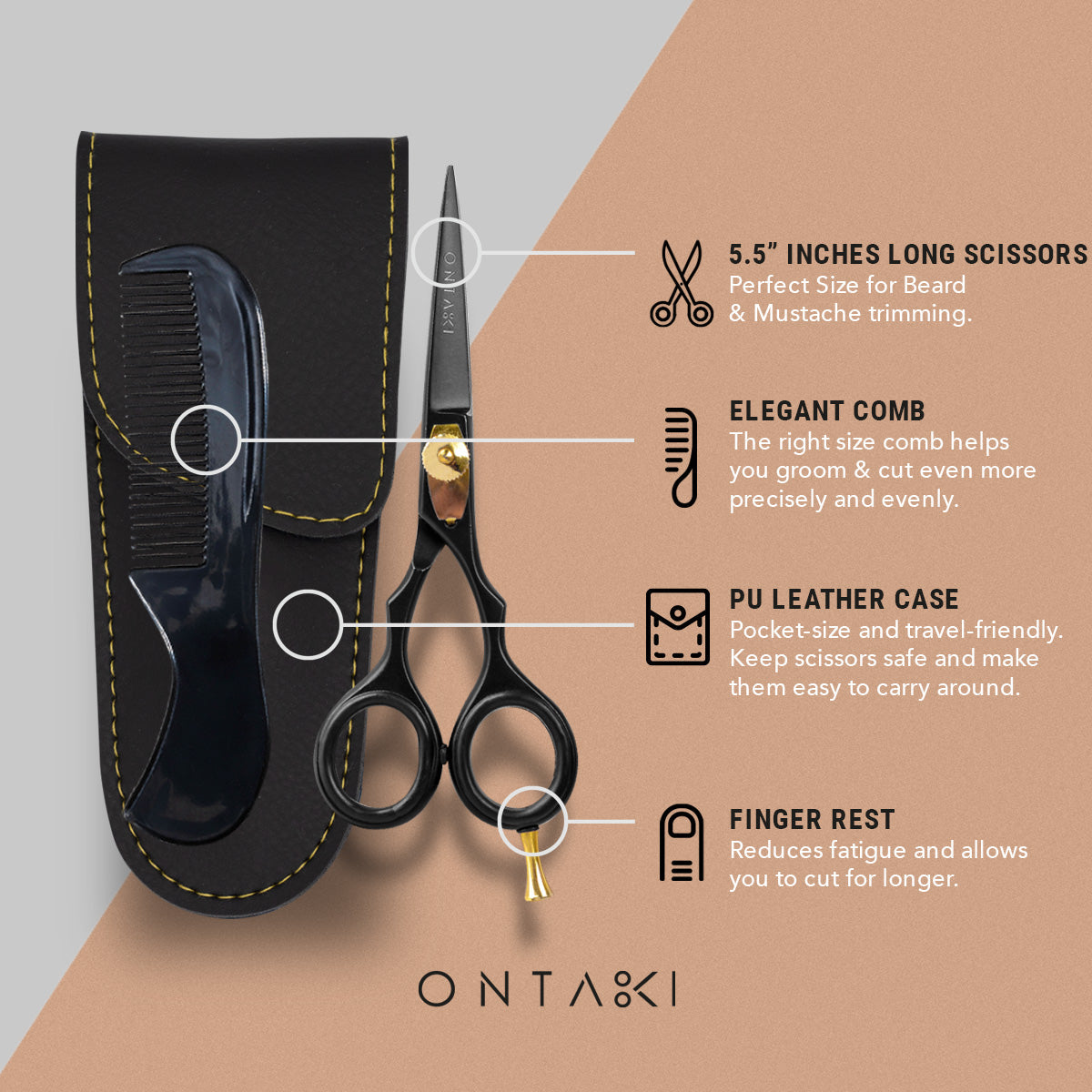 5.5-inch premium Japanese steel beard scissors with comb and leather case.