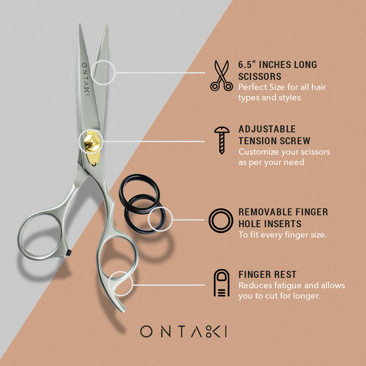 ONTAKI Premium Japanese Steel Hair Cutting Scissors with adjustable tension screw and finger rest.