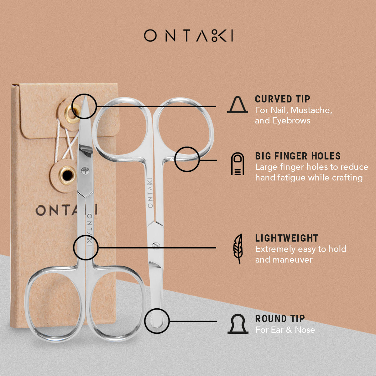ONTAKI facial hair scissors with curved and rounded tip, ideal for beard, mustache, eyebrow, and sensitive area trimming.