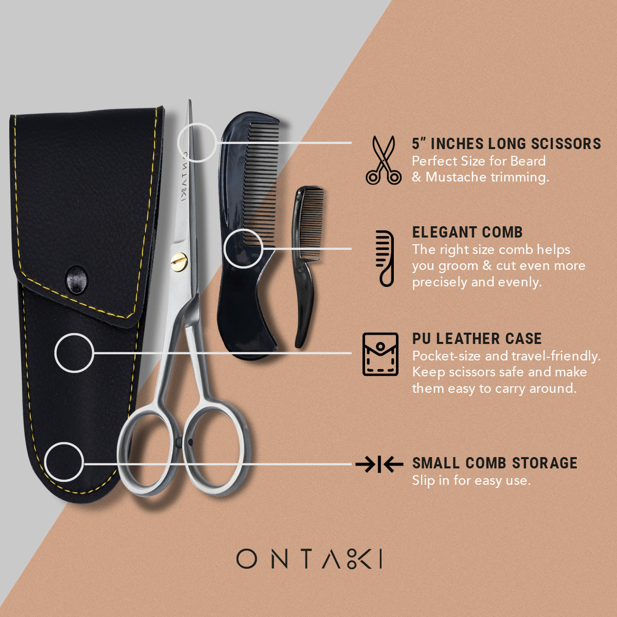 Professional German Steel Beard & Mustache Scissors with comb and PU leather case.