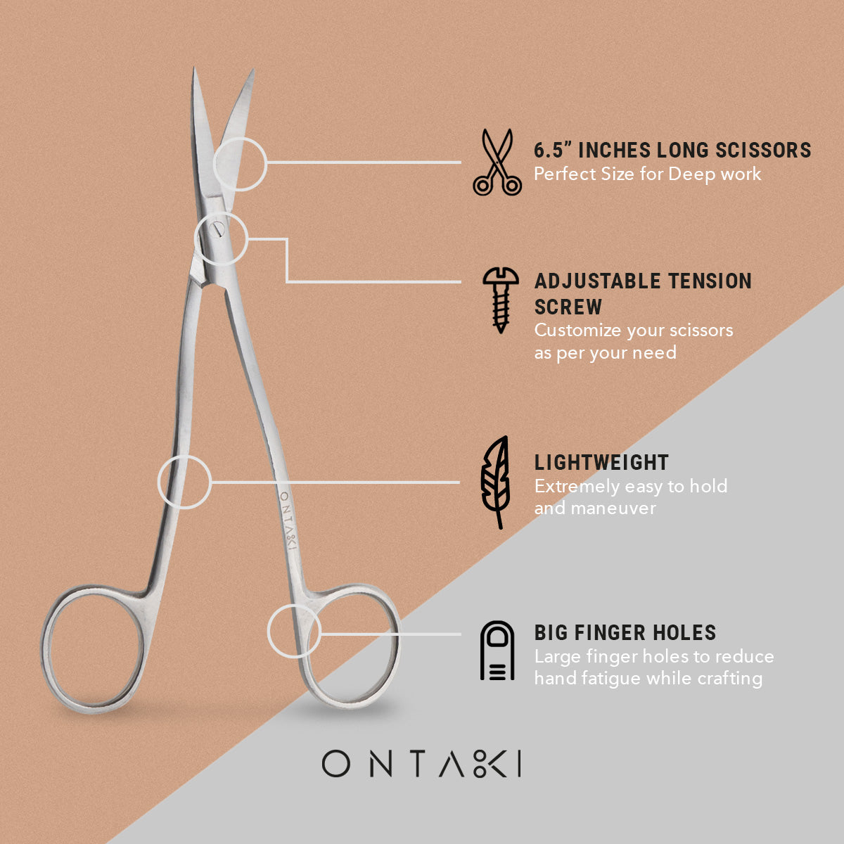 Curved fabric scissors with dual bent precision tip, adjustable tension screw, and large finger holes.