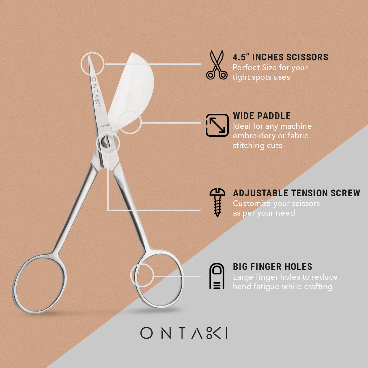 ONTAKI Duckbill Applique Scissors 4.5-inch with large paddle, adjustable tension screw, and big finger holes for crafting.