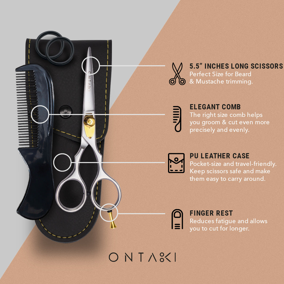 ONTAKI Premium Japanese Steel Beard & Mustache Scissors with leather case, elegant comb, and finger rest, ideal for precise trimming.