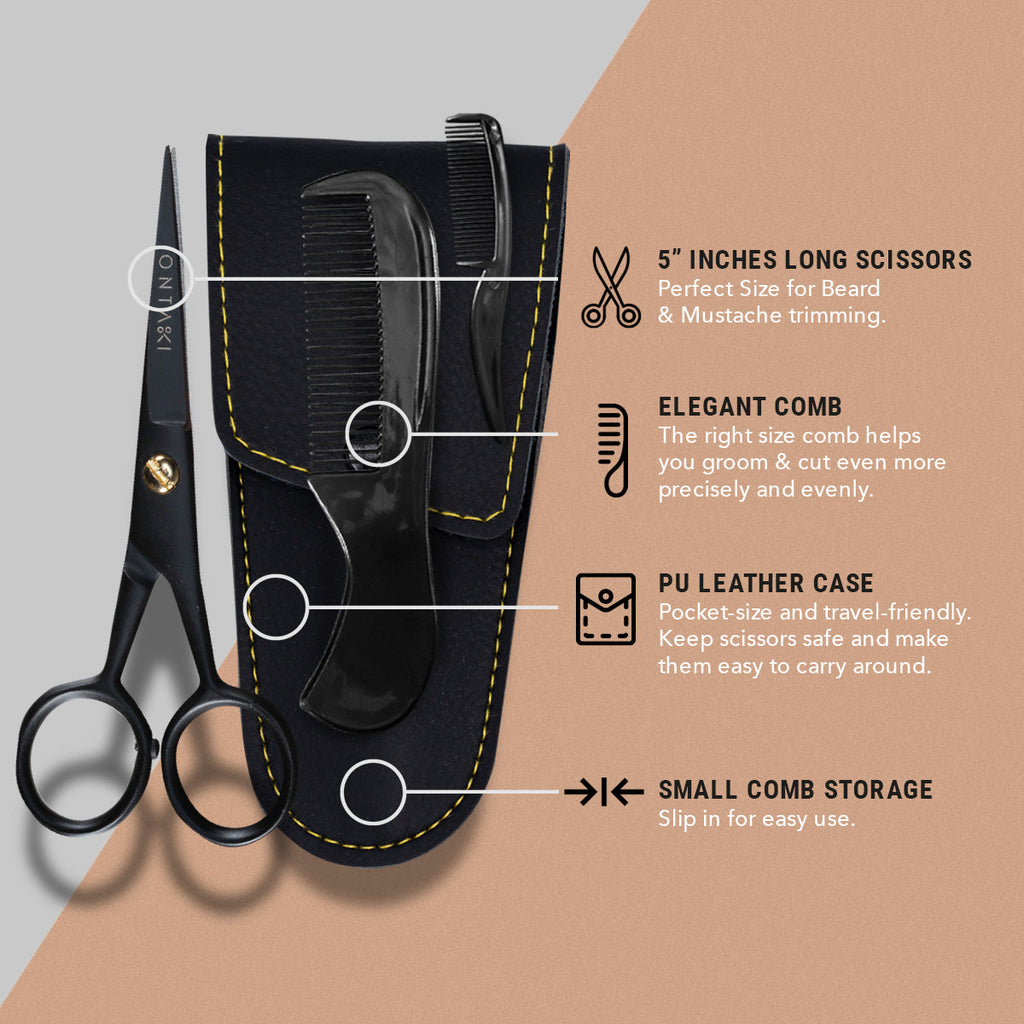 Beard & Mustache Scissors with comb and PU leather case.