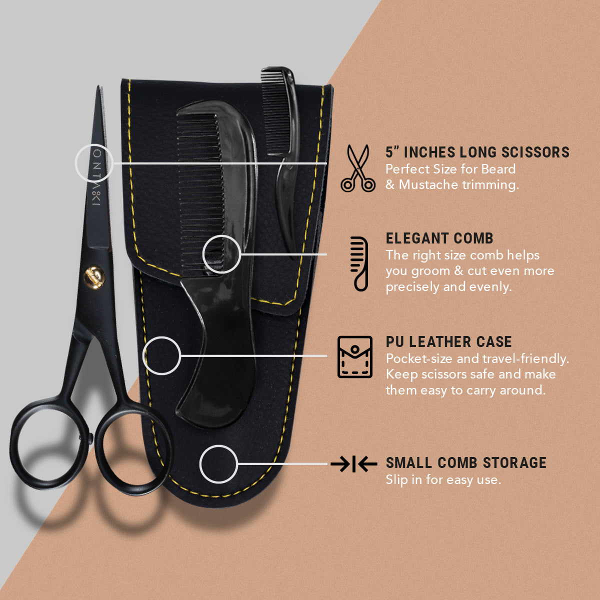 Beard & Mustache Scissors with comb and PU leather case.