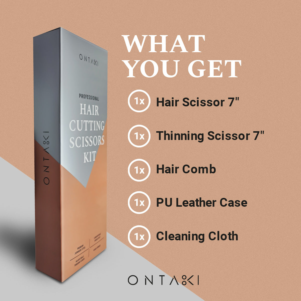 ONTAKI Hair Thinning Shears Kit with scissors, comb, leather case, and cleaning cloth.