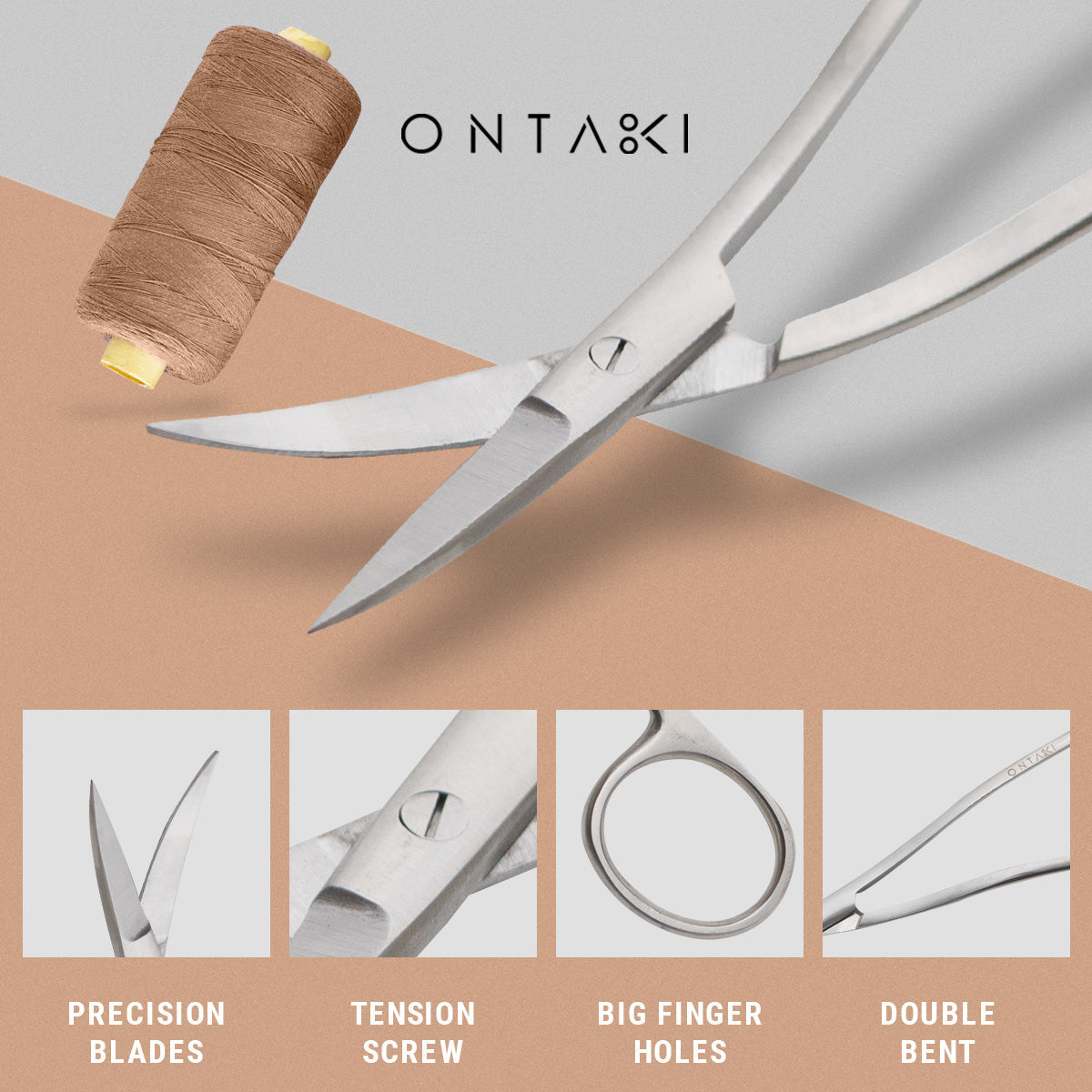 ONTAKI Curved Fabric Scissors (6.5") with precision blades, tension screw, big finger holes, and double bent design for embroidery and fabric cutting.