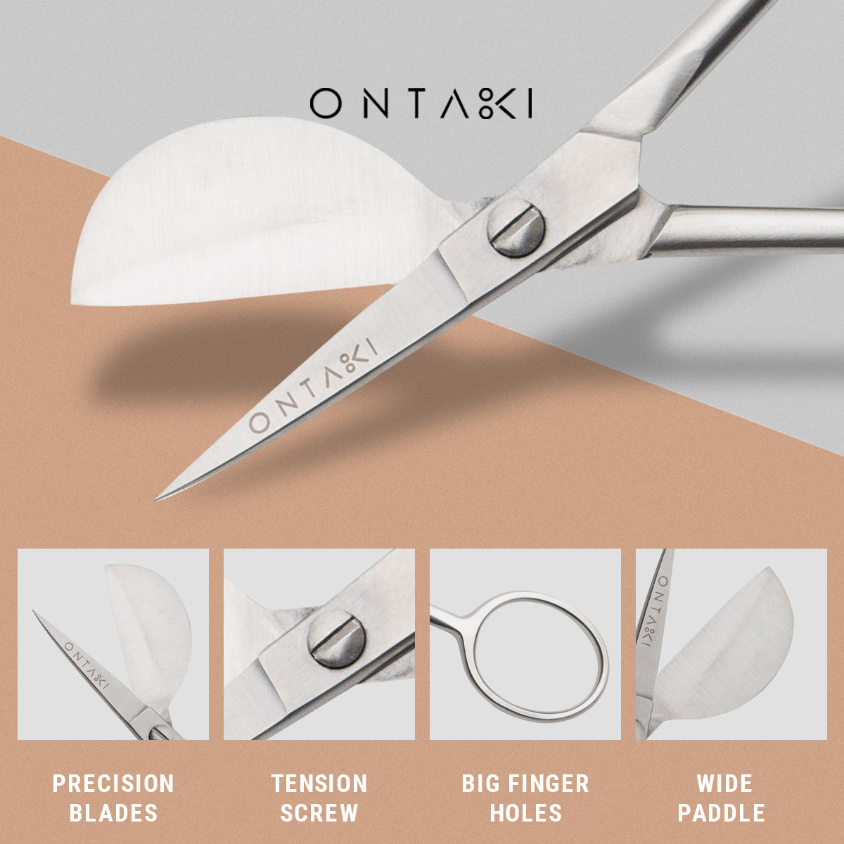 ONTAKI Duckbill Scissors with precision blades, tension screw, wide paddle, and large finger holes.