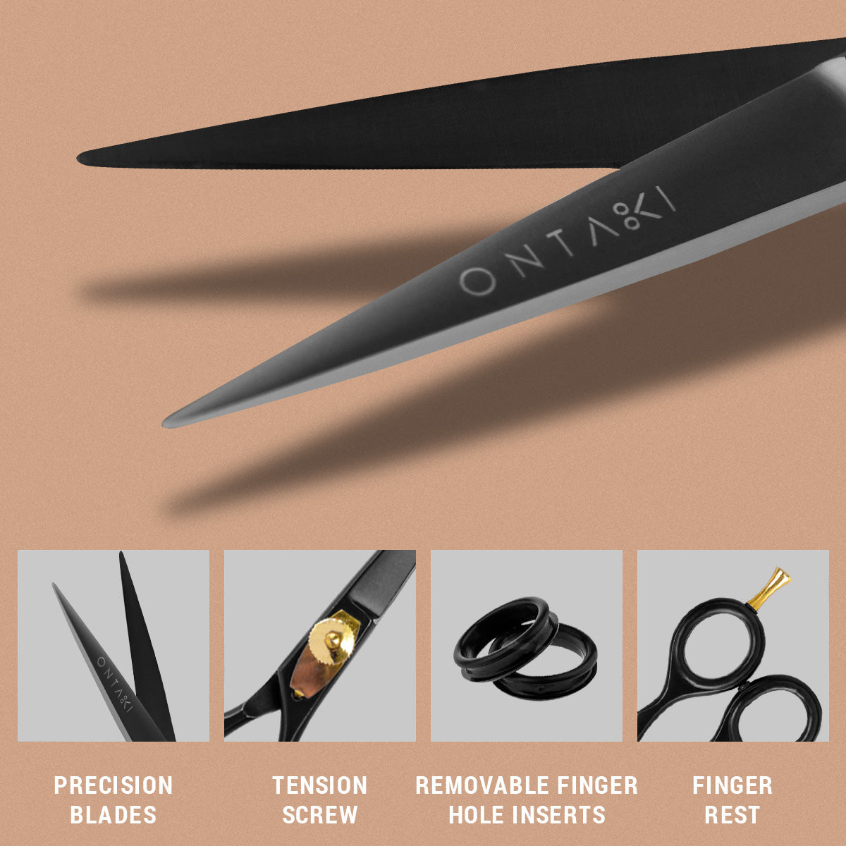 ONTAKI Premium Japanese Steel Beard Scissors with precision blades, tension screw, and finger rest.
