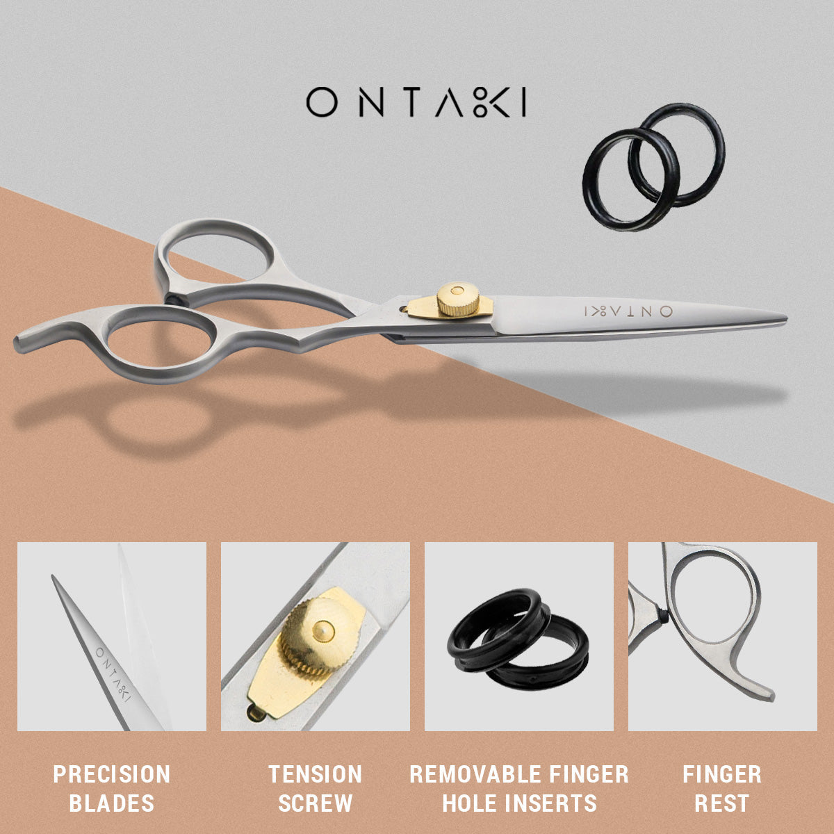 ONTAKI Premium Japanese Steel Hair Cutting Scissors with precision blades, tension screw, removable finger inserts, and finger rest.