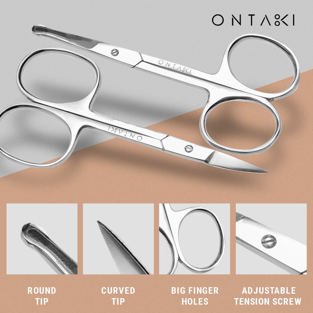 ONTAKI premium facial hair grooming scissors with curved and rounded tips for precision trimming.
