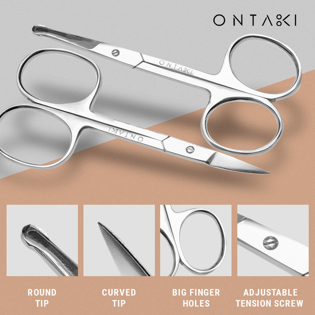 ONTAKI 2 Pack Facial Grooming & Nose Hair Scissors - 1 Curved Blade Tip & 1 Safety Blunt Rounded Tip - Perfect Facial Set for Trimming Moustache