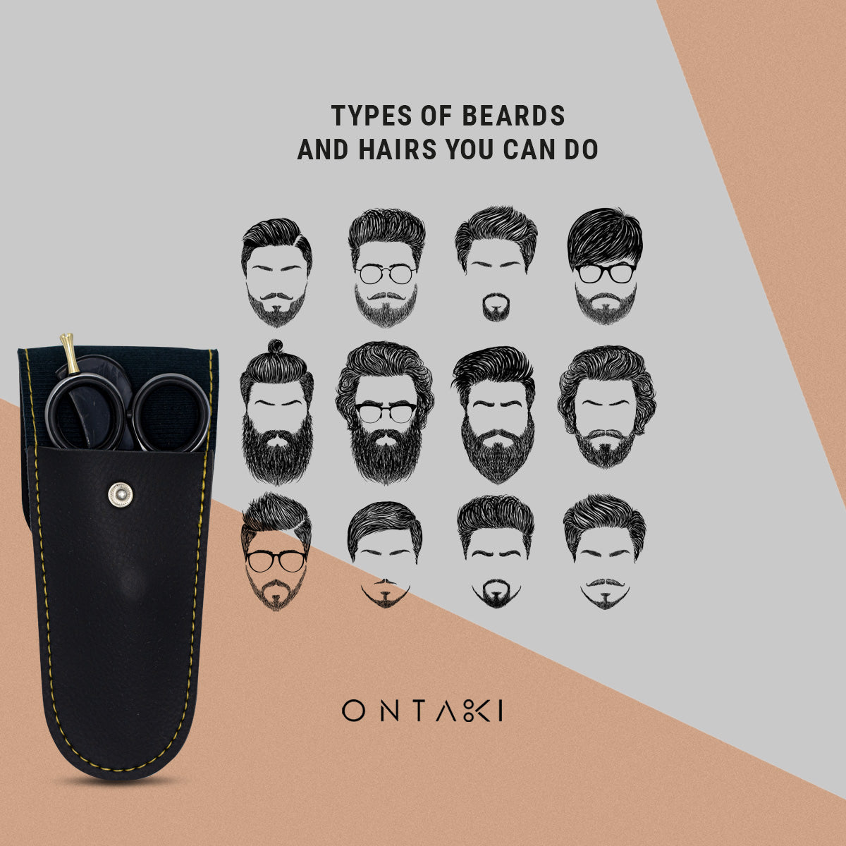 ONTAKI Premium Japanese Steel Beard & Mustache Scissors with illustrations of different beard styles.
