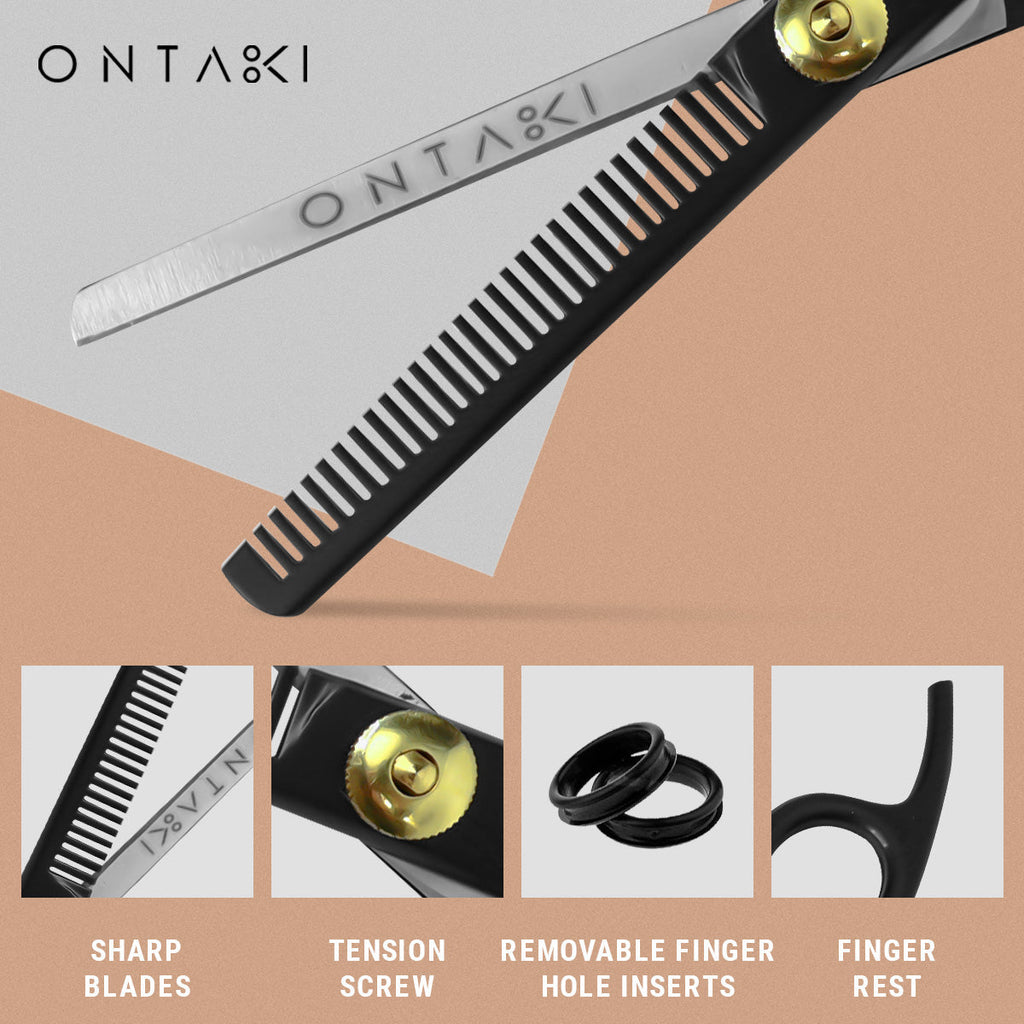 ONTAKI Hair Thinning Shears Kit with sharp blades, tension screw, removable finger hole inserts, and finger rest for precise hair styling and thinning.