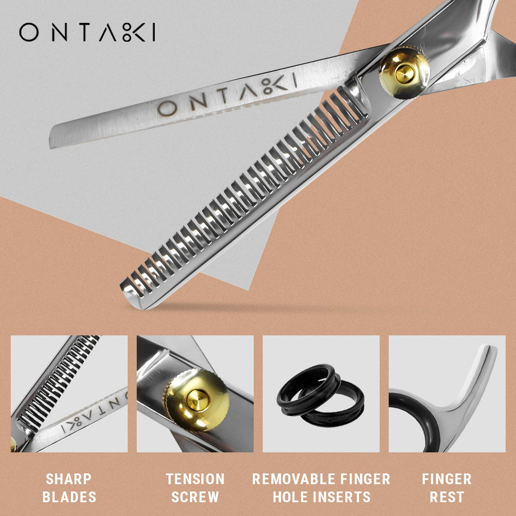 ONTAKI Hair Thinning Shears Kit with sharp blades, tension screw, removable finger inserts, and finger rest for precise hair cutting and styling.